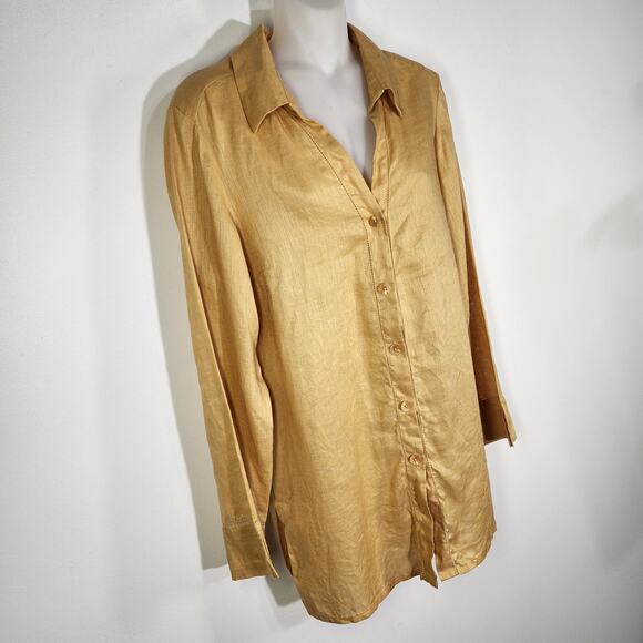 Rafaella Woman Tunic Top Size 10 Linen Shirt Yellow Button Up Long Sleeve Eyelet - Picture 4 of 10